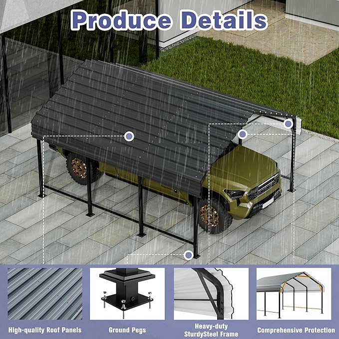 JY QAQA 12 x 15 FT Metal Carport Kits with Galvanized Steel Roof, Heavy Duty Metal Carport Canopy, Outdoor Car Tent Garage Shelter for Car, SUV, Truck and Boats