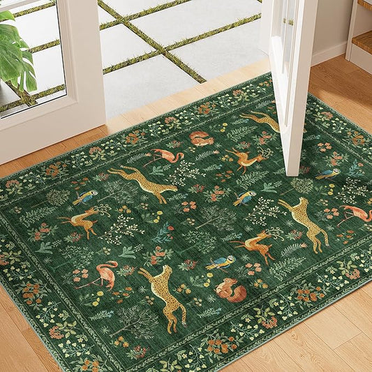 DUKINO 2x3 Rug, Washable Animal Rugs for Entryway, Non Slip Indoor Door Mat, Soft Low Pile Small Area Carpet for Entrance, Bedroom, Kitchen, Laundry, Bathroom, Green