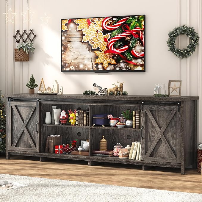Farmhouse TV Stand for 90 Inch TV with Sliding Barn Door, Rustic Wood Entertainment Center Large Media Console Cabinet Long Television Stands,Console Table and Media Furniture for Living Room(Grey)