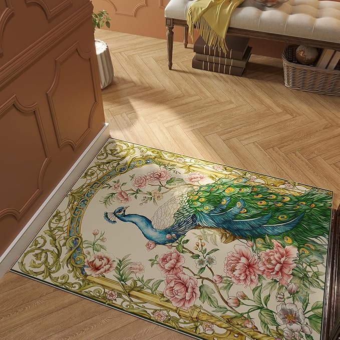 Door Mat Indoor Entrance 2x3 Rug Machine Washable Floral Peacock Animal Small Area Rug Non-Slip Low Pile Throw Rugs for Entryway, Kitchen, Front Door, Entry, Kids Room (Beige)