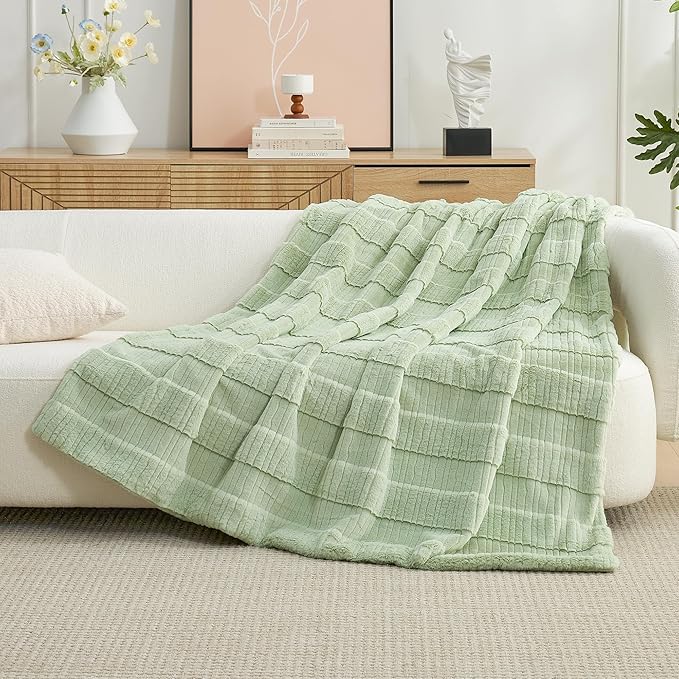 Amélie Home Luxury Striped Faux Fur Throw Blanket for Couch, Embossed Split Fur Cozy Fuzzy Fluffy Luxurious Soft Plush Sofa Chair Bed Gift Blankets for Women Men Wife Friend, 88"x90", Sage Green