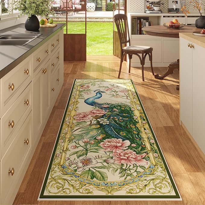 Round Rug 4ft Washable Circle Rug Non Slip Low Pile Floral Peacock Animal Small Circular Rug for Bedroom, Bathroom, Entryway, Kids Room, Office, College Dorm (Beige)