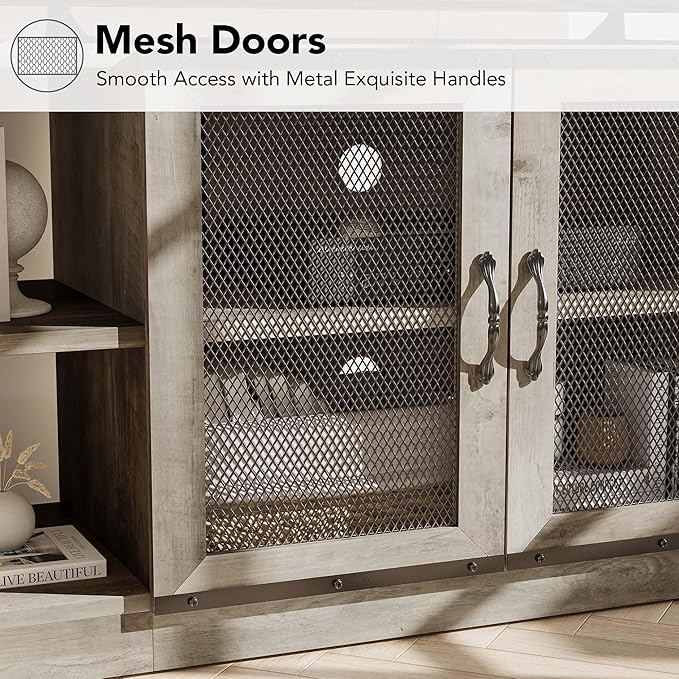 CABIHOME Farmhouse TV Stand for 65/75 Inch TVs, Entertainment Center with Storage Cabinet and Mesh Doors, Industrial Media Console Table, Furniture for Living Room, Light Grey