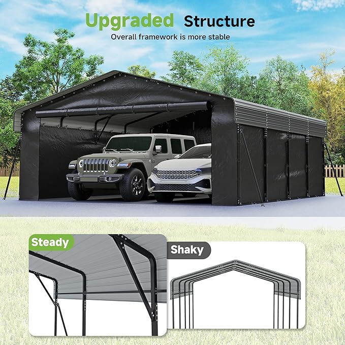 Real Relax 20x20ft Heavy Duty Metal Carport, Galvanized Steel Roof with Removable Sidewalls, 4 Support Legs, Outdoor Car Port Shelter for 2 Car Carport, Trucks and Boats