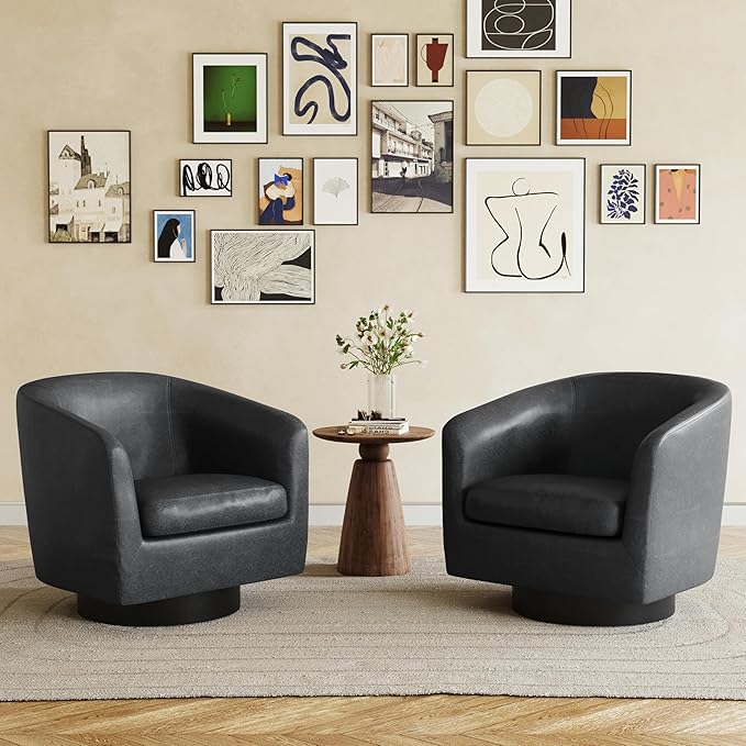 UIXE 360° Swivel Barrel Accent Chair Armchair, PU Leather Round Club Arm Chair for Lving Room, Modern Upholstered Small Bedroom Single Sofa Seat - Black, Set of 2