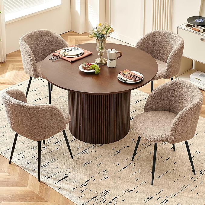 5 Piece 47-inch Round Dining Table Set for 4, Rustic Walnut Dinner Table with Upholstered Dining Room Chairs Brown, Engineered Wood Kitchen Table with Wood Strips Base
