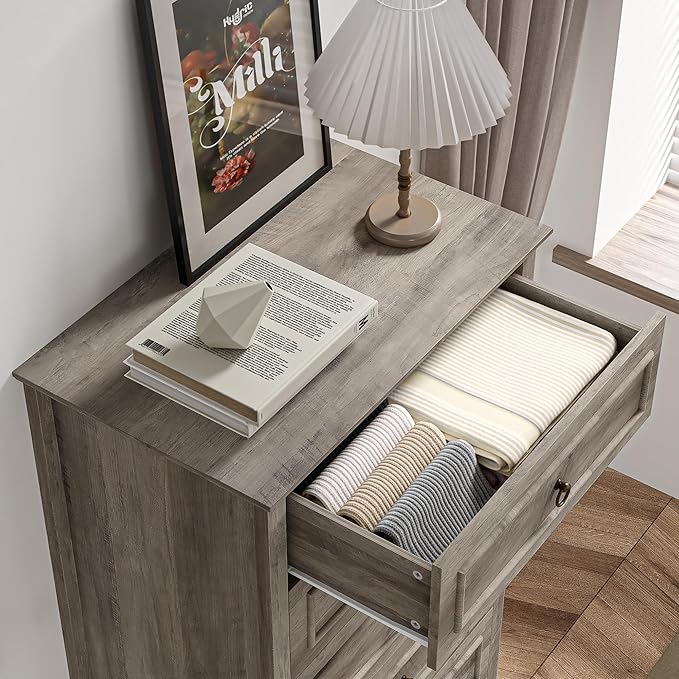 HOSTACK 6 Drawer Dresser for Bedroom, 52" Tall Dresser, Modern Farmhouse Vertical Chest of Drawers for Bedroom, Wooden Closet Chest, Wood Storage Cabinet for Living Room, Hallway, Entryway, Ash Grey