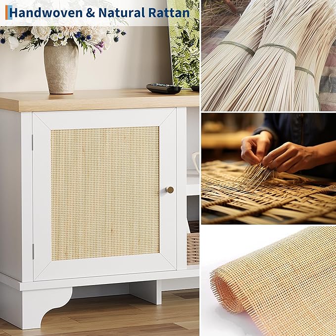 GAOMON Rattan TV Stand Fits TVs Up to 70 Inches, Farmhouse Entertainment Center with Cabinets and Open Shelves, Wooden Media Console Table for Living Room, White