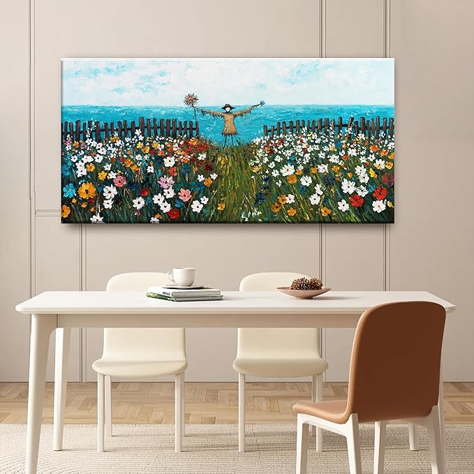 Wall Art For Living Room Painting Blue Sea Abstract Wall Art Colorful Flowers Canvas Art Wall Decor Scarecrow Landscape Artwork Bedroom Dining Room Home Office Modern Artwork Home Decoration 24"X48"
