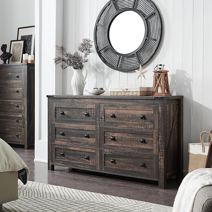 RedLemon Farmhouse 6 Drawer Dresser for Bedroom, 54 Inch Wide Rustic Wood Dresser TV Stand, Dresser Chest of Drawers for Closet, Living Room, Hallway, Dark Rustic Oak