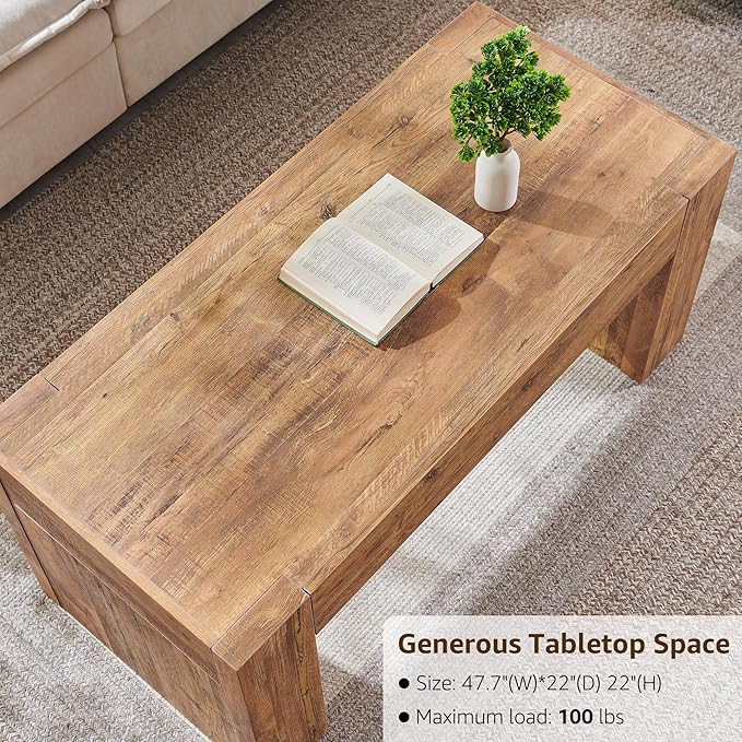 OKD 48" Modern Farmhouse Coffee Table, Wooden Living Room Table with Hidden Storage Drawer, Rustic Rectangular Center Tables w/Wood Thick Design for Living Room, Office, Gold Rustic Brown