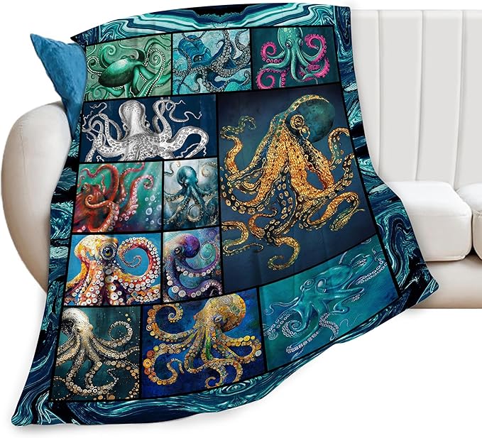 Ocean Octopus Blanket Soft Octopus Flannel Fleece Blanket Cozy Warm Nautical Octopus Stuff Decor Bedding Plush Throw Blanket Octopus Gifts for Lovers Girls Boys Kids Women Adults Bed Travel 40"x50"