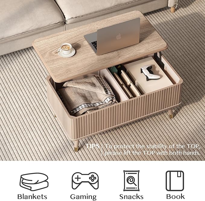 Lift Top Coffee Table, Mid Century Modern Coffee Table with Hidden Storage Compartment, 38" Fluted Center Table for Living Room, Home Office, Natural Oak