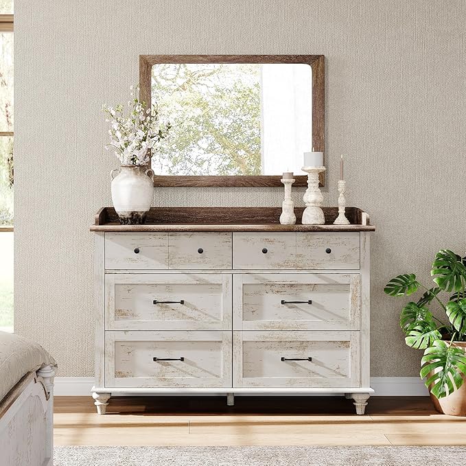 WAMPAT Kids Dresser for Bedroom with 6 Drawers, Rustic White Baby Dresser with Wide Chest of Drawers, Farmhouse Kids Closet Storage Organizer, Wood Dressers for Living Room, Nursery, Hallway