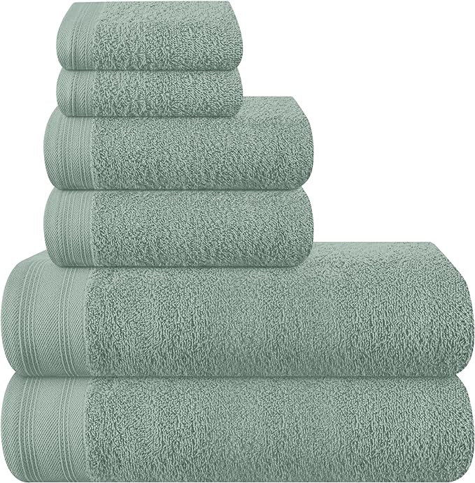 Ultra Soft 6 Pack Cotton Towel Set, Contains 2 Bath Towels 28x55 inch, 2 Hand Towels 16x24 inch & 2 Wash Coths 12x12 inch, Ideal Everyday use, Compact & Lightweight - Jade