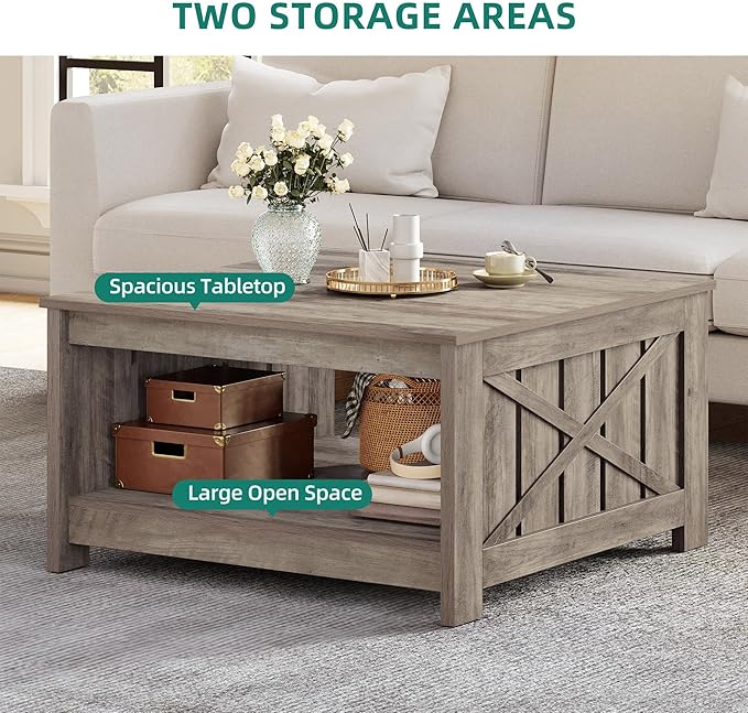 YITAHOME Coffee Tables for Living Room, Farmhouse Coffee Table with Storage Rustic Wood Cocktail Table, Square Coffee Tables for Living Meeting Room with Half Open Storage Compartment, Rustic Grey