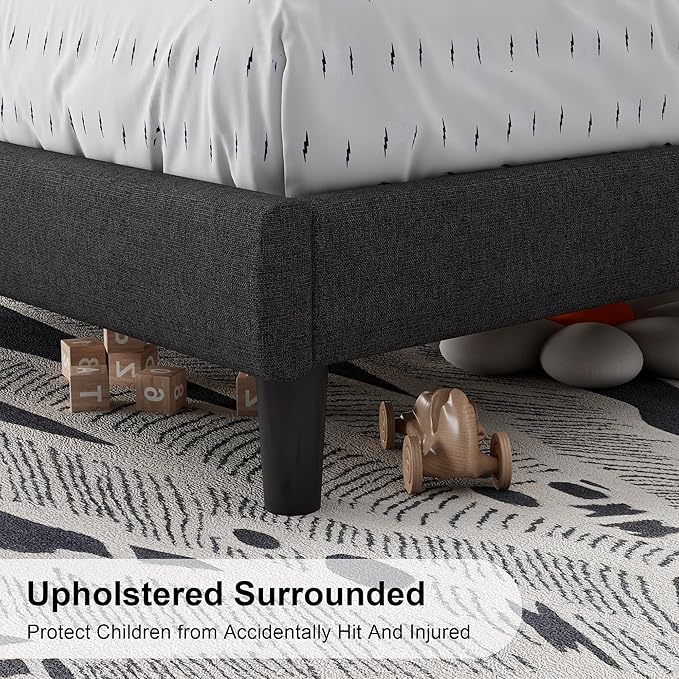 Feonase Twin Size Bed Frame with Charging Station, Upholstered Linen Platform Bed Frame with Wingback Headboard, Solid Wood Slats Support, No Box Spring Needed, Noise Free, Charcoal Grey