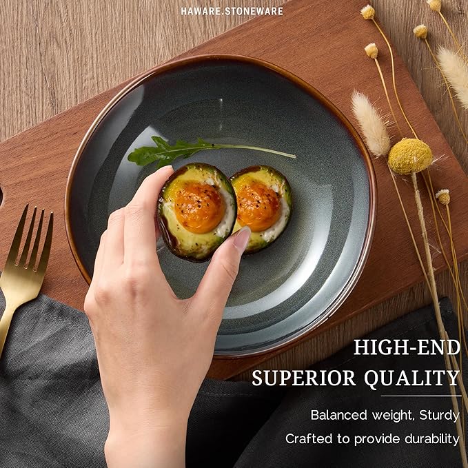 HaWare Dinnerware Sets, 24-Piece Stoneware Plates and Bowls Set, Dish Set for 8, Ceramic Dishware for Home Restaurant, Chip and Scratch Resistant, Microwave and Dishwasher Safe, Reactive Moss Green