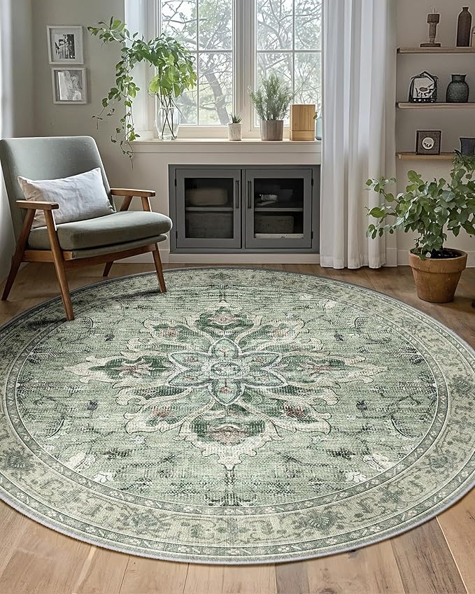 Area Rugs 8ft Washable Non-Slip, Floral Vintage Distress Print Pattern Medallion Carpet for Living Room Bedroom Dining Room, Dark Green Gray