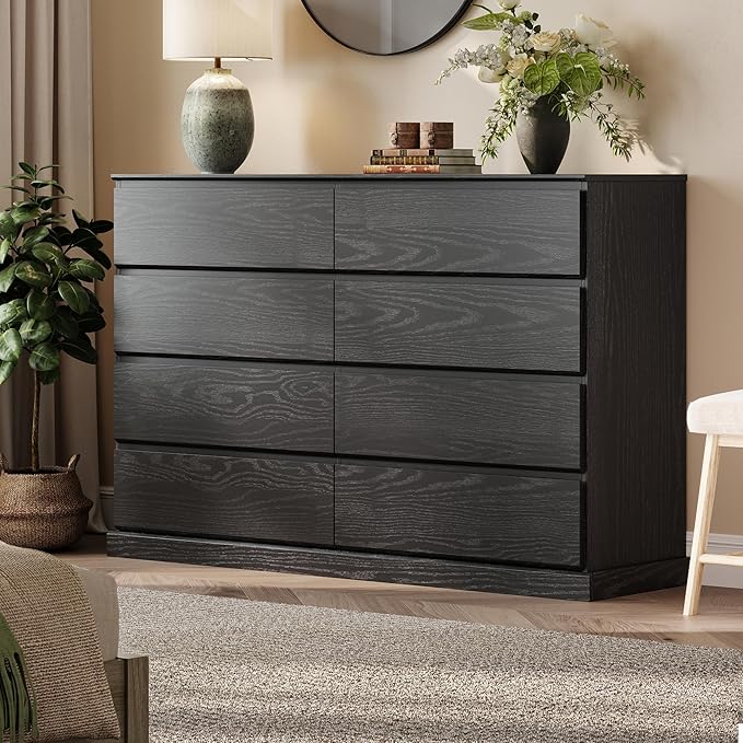 LINSY HOME 8 Drawer Dresser for Bedroom, 53" Wide Chest of Deep Drawers, Modern Farmhouse TV Stand Dressers with Storage, Large Drawer Organizer for Bedroom, Living Room, Handless Design, Black