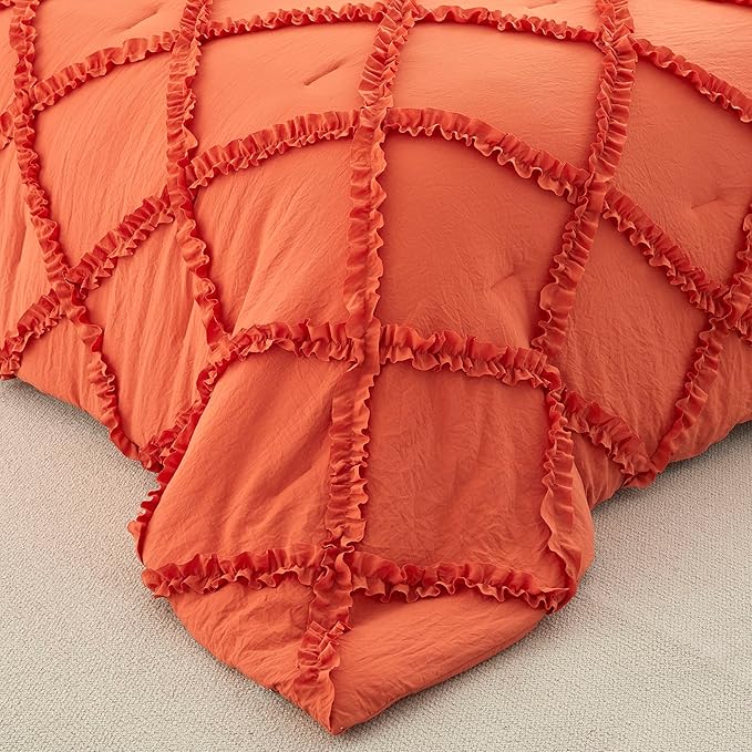 Bonlino Queen Comforter Set Soft Bedding - 3 Pcs Tufted Decor Fluffy Comforter Boho Bed in a Bag with Cute Lightweight Pillowcase for Dorm Farmhouse Bedroom Luxury Gift(Orange)