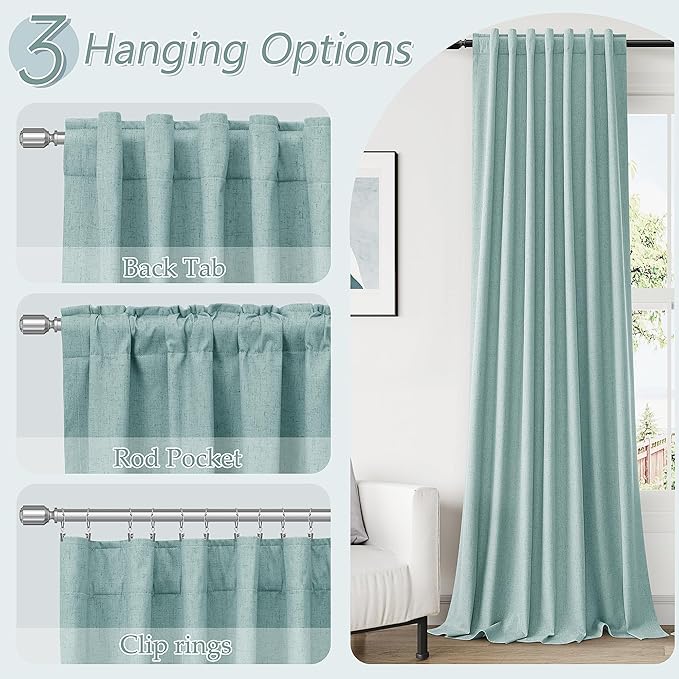 Guken 100% Blackout Linen Curtains 100 Inch Length 2 Panels Set for Living Room Bedroom Back Tab Thermal Insulated Black Out Linen Drapes Room Darkening Window Curtains,Light Blue