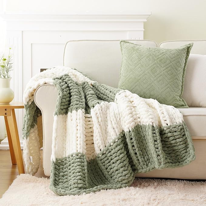 Battilo Chunky Knit Throw Blanket, Soft and Thick Chenille Throw Blanket, 50"x60" Handmade Cable Knit Crochet Blanket, Large Rope Knot Throw Blankets for Couch Sofa Bed Home Decor, Sage & White