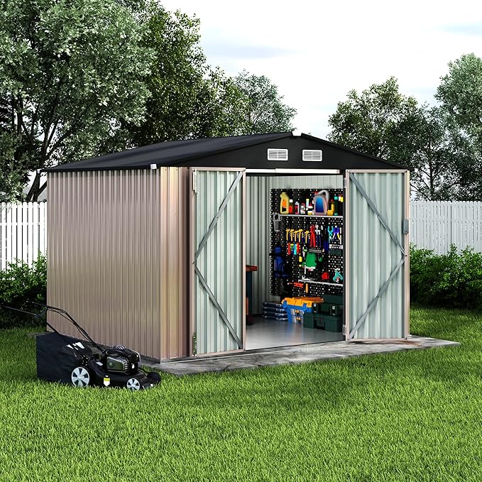 8x10 FT Metal Storage Sheds Outdoor with Floor, Metal ToolShed with Lockable Door, Metals Yard Sheds Metals Garden Shed Kit, MetalUtility Sheds Buildings with Air Vent for Backyard Garden Patio Lawn