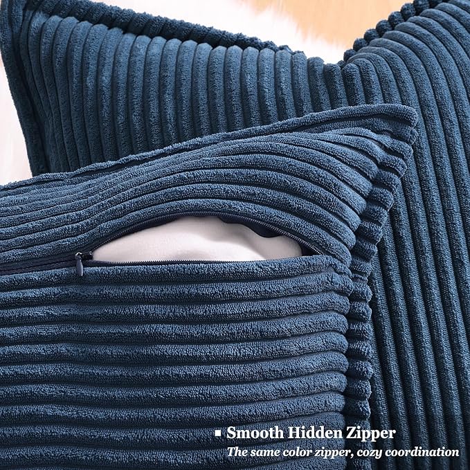 decorUhome Corduroy Navy Blue Throw Pillow Covers 20x20 Set of 2 Decorative Soft Boho Striped Neutral Euro Farmhouse Couch Pillow Covers with Broadside for Living Room Bed Sofa