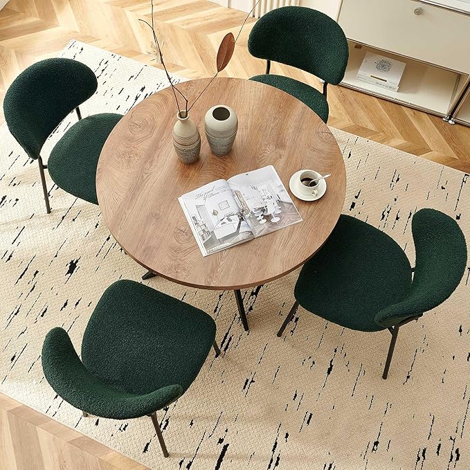 Dining Table Set for 4, Modern 5-Piece Kitchen Table Set, 37" Round MDF Living Coffee Table with 4 Seated Green Boucle Dining Chairs Upholstered, Metal Legs for Dining Hall, Living Room