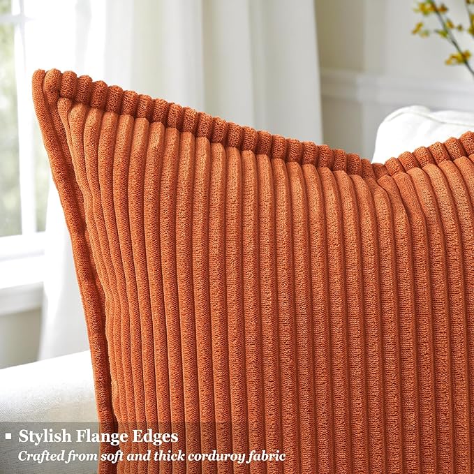 decorUhome Fall Corduroy Rust Throw Pillow Covers 26x26 Set of 2 Decorative Soft Boho Striped Neutral Euro Farmhouse Couch Pillow Covers with Broadside for Living Room Bed Sofa