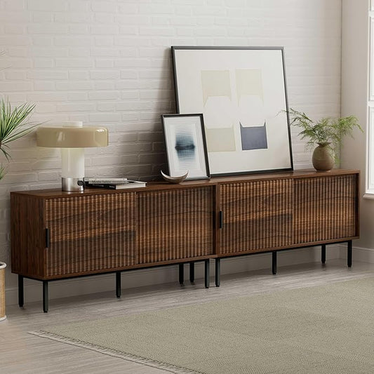 Fluted Tv Stand Set of 2, 47" Mid Century Storage Cabinet with Adjustable Shelf, Wooden Media TV Console Entertainment Center for Living Room, Brown