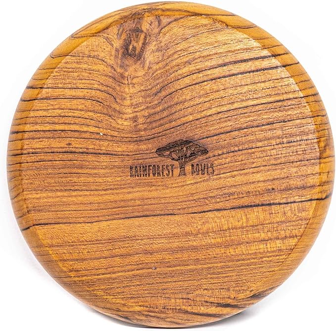 Rainforest Bowls Set of 4 8" Round Javanese Teak Wood Plates- Perfect for Everyday Use- Hot & Cold Friendly, Ultra-Durable, Premium Wooden Plates- Handcrafted by Indonesian Artisans