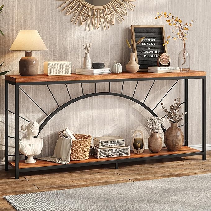 70.9 Inch Console Table, Extra Long Industrial Sofa Tables, 2-Tier Behind Couch Table, Foyer Tables for Entryway, Hallway, Living Room, Unique Design, Brown