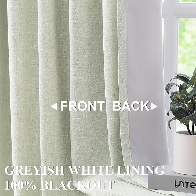 Vision Home Soft Green Pinch Pleated Full Blackout Curtains Linen Blended Room Darkening Curtain Panels 63 inch for Living Room Bedroom Thermal Insulated Pinch Pleat Drapes with Hooks 40" Wx63 Lx2