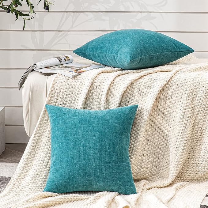 GAWAMAY Decorative Chenille Throw Pillow Covers 26x26 Inch Pack of 2, Soft Square Couch Pillow Cover for Sofa Cushion Living Room Bedroom Solid Dyed Oversized Pillowcases Teal 66x66cm (ONLY Covers)