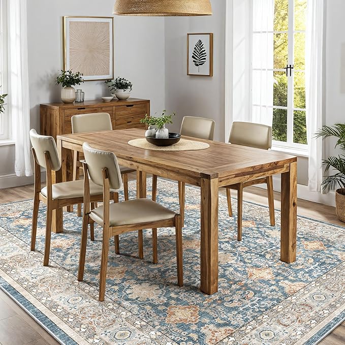 Area Rugs for Living Room: 8x10 Washable Rug Vintage Boho Floral Print - Ultra Thin Stain Resistant Large Soft Non Slip Foldable Carpets for Bedroom Dining Room Office Nursery - Blue