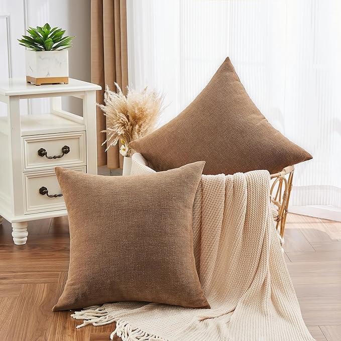 GAWAMAY Decorative Chenille Throw Pillow Covers 26x26 Inch Pack of 2, Soft Square Couch Pillow Cover for Sofa Cushion Living Room Bedroom Solid Dyed Oversized Pillowcases Brown 66x66cm (ONLY Covers)