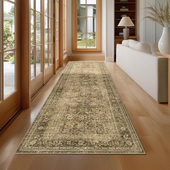 FMFUNCTEX 3x12 Runner Rug Brown Washable Vintage Neutral Distressed Non Slip Low Pile Indoor Carpet Soft Retro Floral Hallway Entryway Rug for Kitchen Living Room Bedroom Bathroom Laundry Bedside