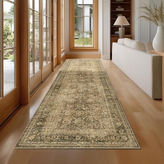 FMFUNCTEX 3x12 Runner Rug Brown Washable Vintage Neutral Distressed Non Slip Low Pile Indoor Carpet Soft Retro Floral Hallway Entryway Rug for Kitchen Living Room Bedroom Bathroom Laundry Bedside