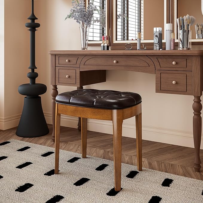 Solid Wood Button Tufted Vanity Stool, Ottoman Stool with Wood Legs & Padded Seat PU Leather Upholstered Piano Bench with Non-Slip Foot Pads Accent Chair for Bedroom Entryway, Dark Brown