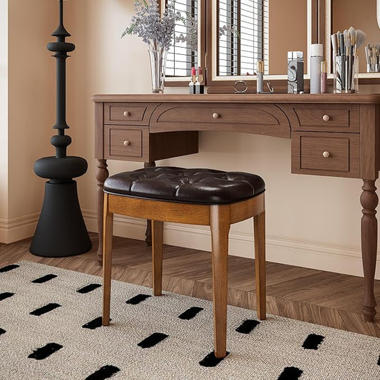 Solid Wood Button Tufted Vanity Stool, Ottoman Stool with Wood Legs & Padded Seat PU Leather Upholstered Piano Bench with Non-Slip Foot Pads Accent Chair for Bedroom Entryway, Dark Brown