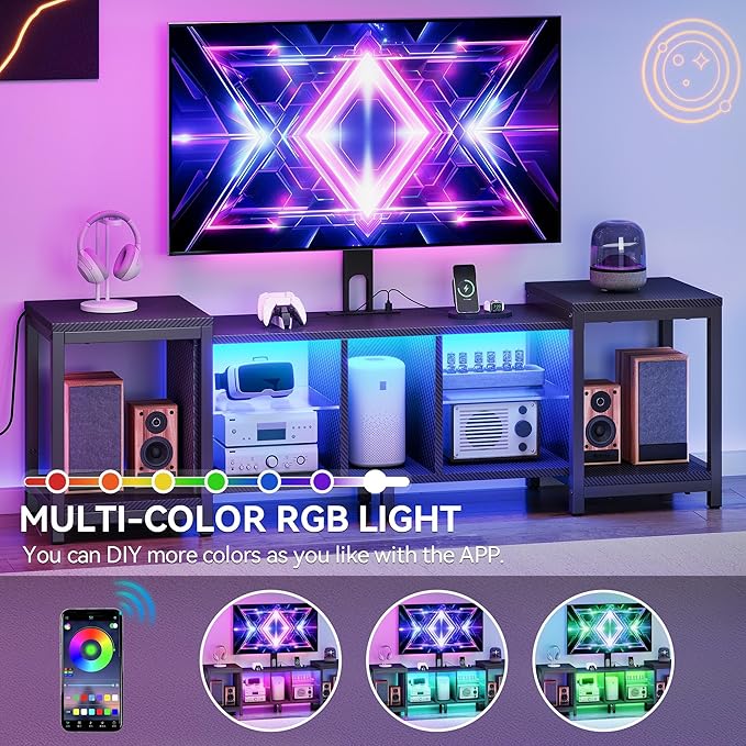 YITAHOME TV Stand with Mount for Living Room, Black Modern TV Stand for 70inch TV with Power Outlet & LED Lights, LED Entertainment Center, Gaming TV Console Cabinet, Black Carbon Fiber