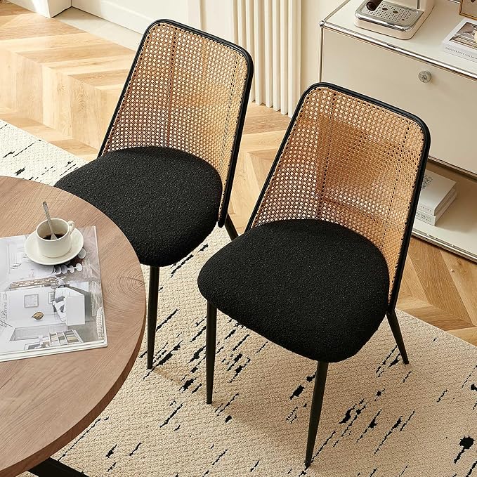 Dining Chairs Set of 2, Boho Rattan Back Dining Room Chairs Upholstered Boucle Round Dining Chairs