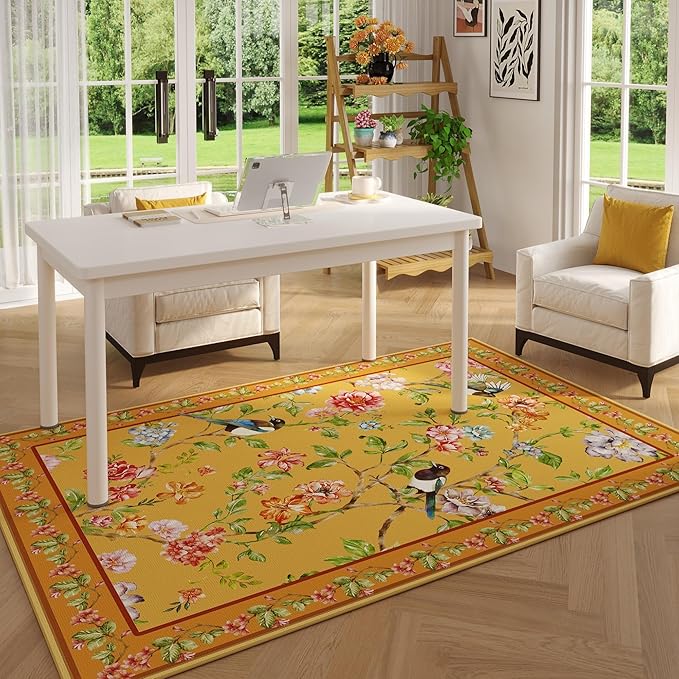 Bedroom Rug 3x5 Rug Washable Area Rug Non Slip Low Pile Floral Bird Magpies Animal Small Carpet for Bedroom, Bedside, Kitchen, Entryway, Kids Room, Office, College Dorm Essentials for Girls