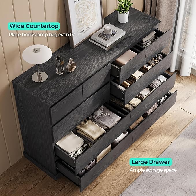 LINSY HOME 10 Drawer Dresser for Bedroom, 53" Wide Chest of Deep Drawers, Modern Farmhouse TV Stand Dressers with Storage, Large Drawer Organizer for Bedroom, Living Room, Handless Design, Black