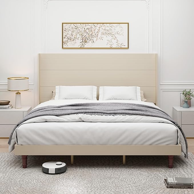 GDFStudio Tall Headboard King Size Bed,Platform Bed Frame with High Back,Wooden Slat Mattress Support No Box Spring Needed Easy Assembly Minimalist Designs 54" H Beige