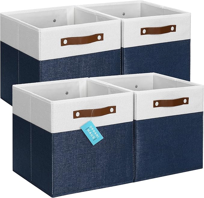 OrganiHaus 12x12 Fabric Storage Bins - Set of 4, Cube Fabric Organizer Bins with Vegan Handles, Kallax Storage Cubes, Cubbies Organizer Boxes, 12Inch Cubic Baskets for Shelves - Navy Blue