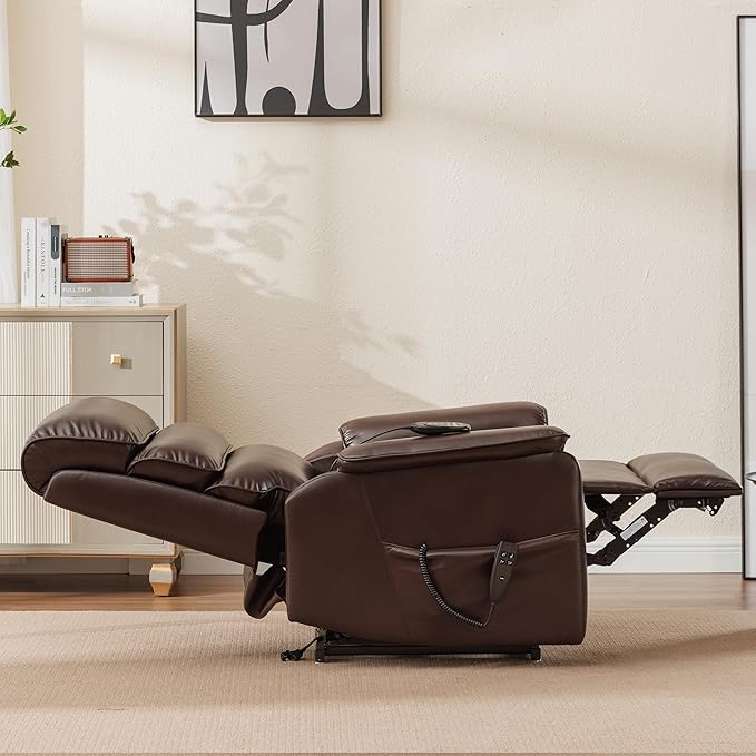 Lay Flat Lift Chair with Heat and Massage, Dual Motor Recliner with Infinite Position, Up to 350 LBS Electric Power Lift, Red Brown Leather