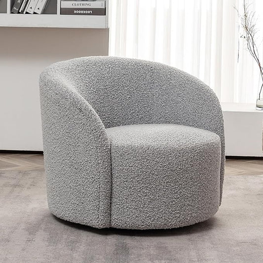 KINWELL 34" W Mid Century Modern Swivel Barrel Chair, Round Upholstered Boucle Swivel Accent Chairs, No Assembly Sofa Chair for Living Room Bedroom Reading Apartment Lounge Nursery(Black White)